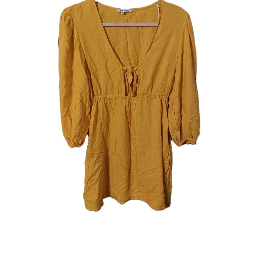 Blue Island Mustard Dress/ Tunic Top Eyelet Pockets Sz.Small Boho Hippie